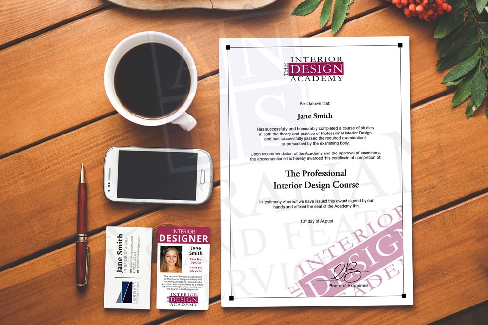 Online interior design course ID and Certificate of completion on the table
